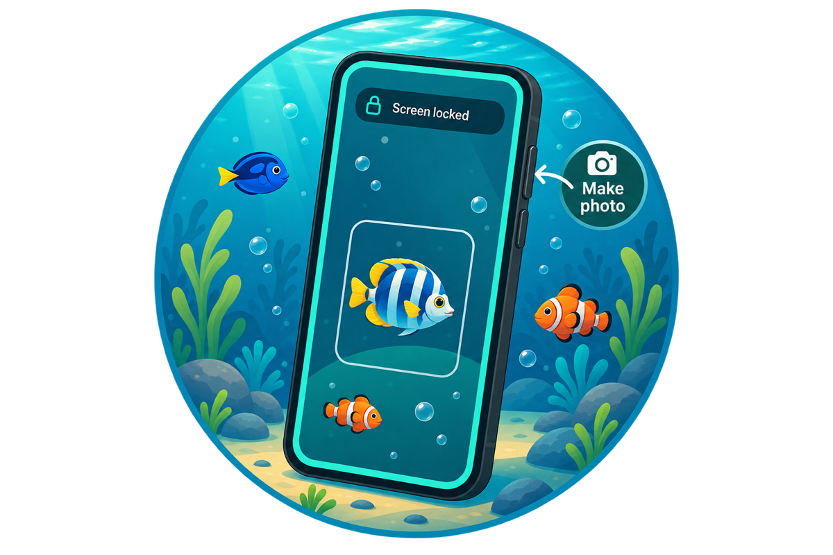 An illustrated phone underwater with fish and an arrow pointing to the physical volume button